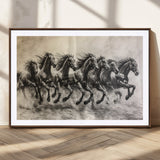 56089591-MGC-FP-36x24_Walnut-Galloping Horses Wall Art Canvas Print, Framed Wild Stallions Art Picture Print, Horse Herd Sketch Perfect Monochrome Dynamic