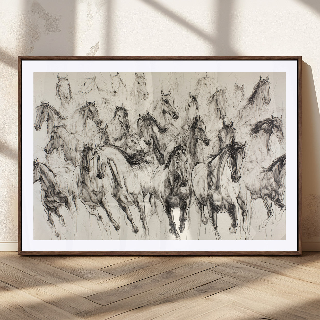 19433417-MGC-FP-36x24_Walnut-Running Horses Wall Art Canvas Print, Framed Horse Sketch Art Picture Print, Galloping Herd Perfect Monochrome Western Decor