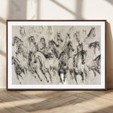 19433417-MGC-FP-36x24_Walnut-Running Horses Wall Art Canvas Print, Framed Horse Sketch Art Picture Print, Galloping Herd Perfect Monochrome Western Decor