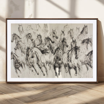 19433417-MGC-FP-36x24_Walnut-Running Horses Wall Art Canvas Print, Framed Horse Sketch Art Picture Print, Galloping Herd Perfect Monochrome Western Decor