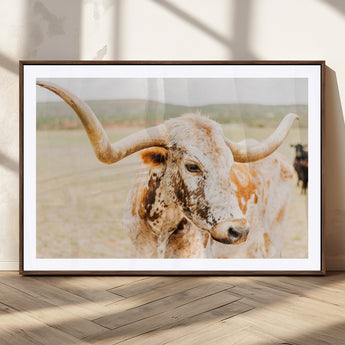 21060648-MGV-CV-36X24-Texas Longhorn Wall Art Canvas Print, Framed Speckled Cow Art Picture Print, Rustic Bull Perfect Rustic Western Decor Artwork