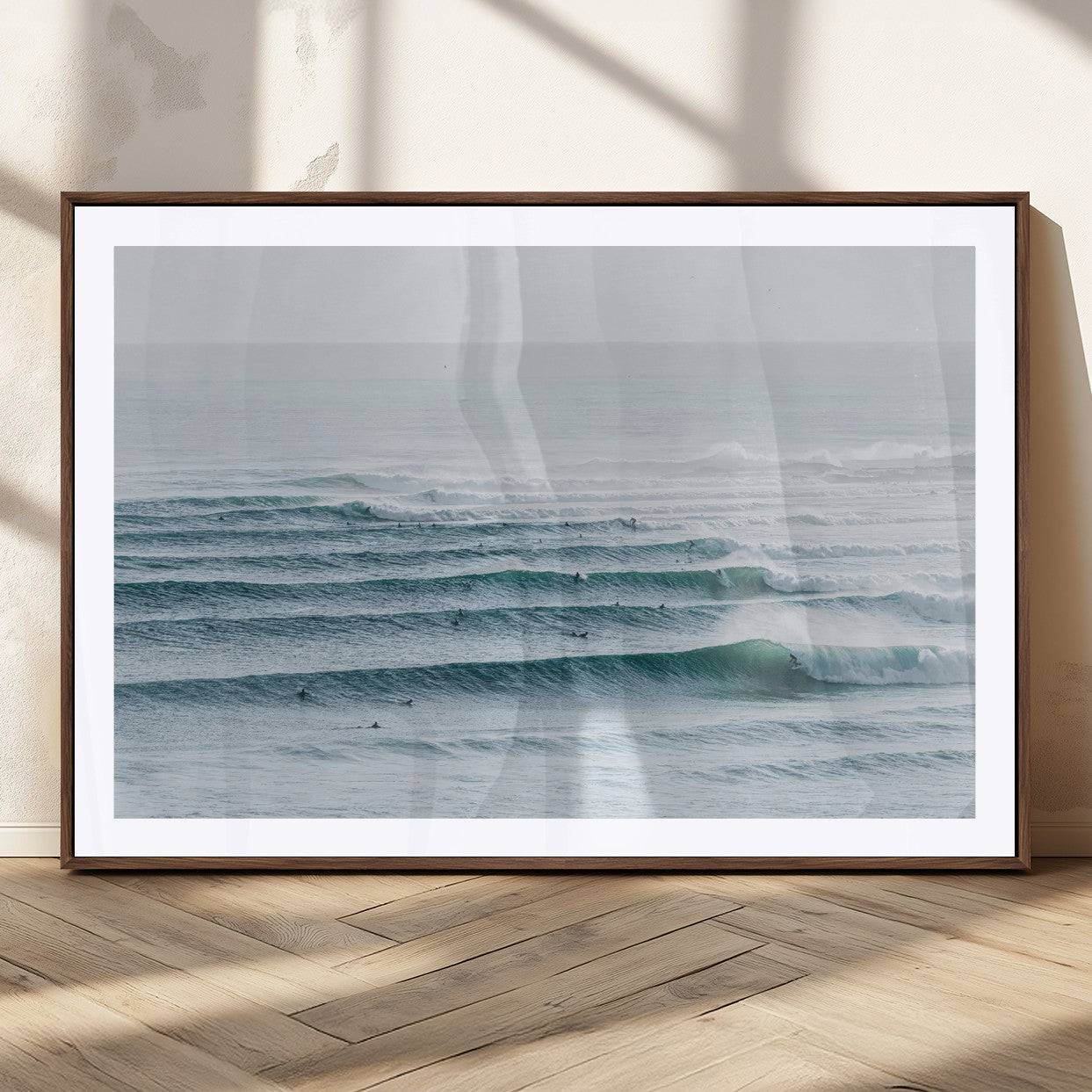 73969318-MGC-FP-36x24_Walnut-Ocean Waves Wall Art Canvas Print, Framed Surfer Lineup Art Picture Print, Crowded Ocean Perfect Minimal Coastal Decor Artwork