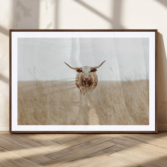 20927060-MGV-CV-36X24-Texas Longhorn Wall Art Canvas Print, Framed Lone Cattle Art Picture Print, Longhorn Bull Perfect Rustic Western Decor Artwork