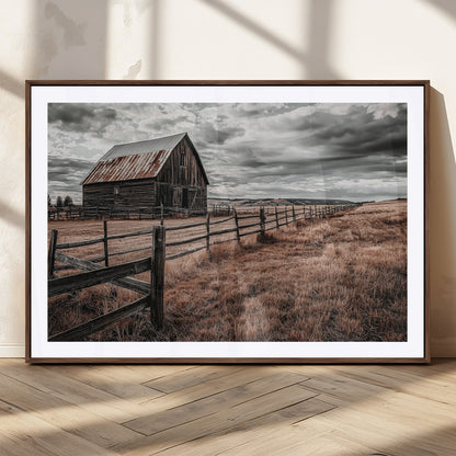 73898372-MGV-CV-36X24-Rustic Barn Wall Art Canvas Print, Framed Moody Field Art Picture Print, Weathered Fence Perfect Moody Farmhouse Decor Artwork