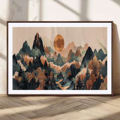 13012770-MGC-FP-36x24_Walnut-Mountain Landscape Wall Art – Modern Nature Canvas Print with Sun, Misty Peaks, and Forest in Orange and Green Tones for Living