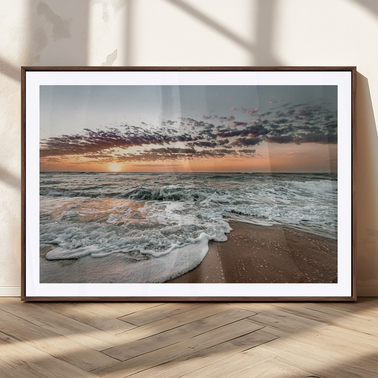 40632752-MGC-FP-36x24_Walnut-Ocean Sunset Wall Art Canvas Print, Framed Beach Waves Art Picture Print, Coastal Scene Perfect Coastal Decor Artwork