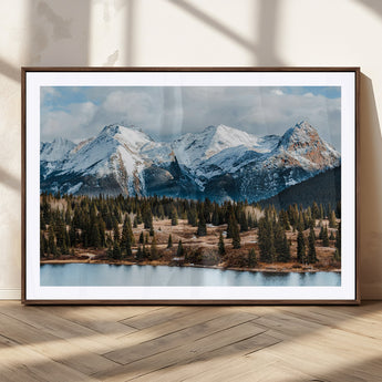 36247746-MGC-FP-36x24_Walnut-Snowy Peaks Wall Art Canvas Print, Framed Alpine Lake Art Picture Print, Pine Forest Perfect Alpine Wilderness Decor Artwork