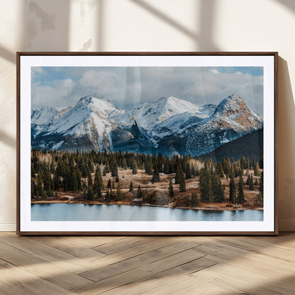 36247746-MGC-FP-36x24_Walnut-Snowy Peaks Wall Art Canvas Print, Framed Alpine Lake Art Picture Print, Pine Forest Perfect Alpine Wilderness Decor Artwork
