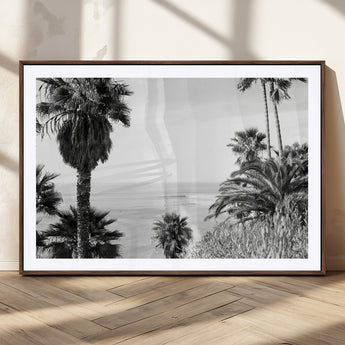 89458520-MGC-FP-36x24_Walnut-Palm Trees Wall Art Canvas Print, Framed Coastal View Art Picture Print, Ocean Horizon Perfect Monochrome Coast Decor Artwork