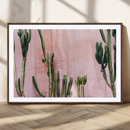 93119502-MGC-FP-36x24_Walnut-Tall Cactus Wall Art Canvas Print, Framed Pink Wall Art Picture Print, Cactus Lines Perfect Modern Desert Decor Artwork