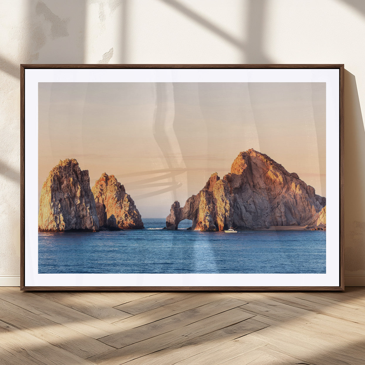 72996116-MGC-FP-36x24_Walnut-El Arco Wall Art Canvas Print, Framed Cabo Rocks Art Picture Print, Ocean Arch Perfect Golden Coastal Landmark Decor Artwork