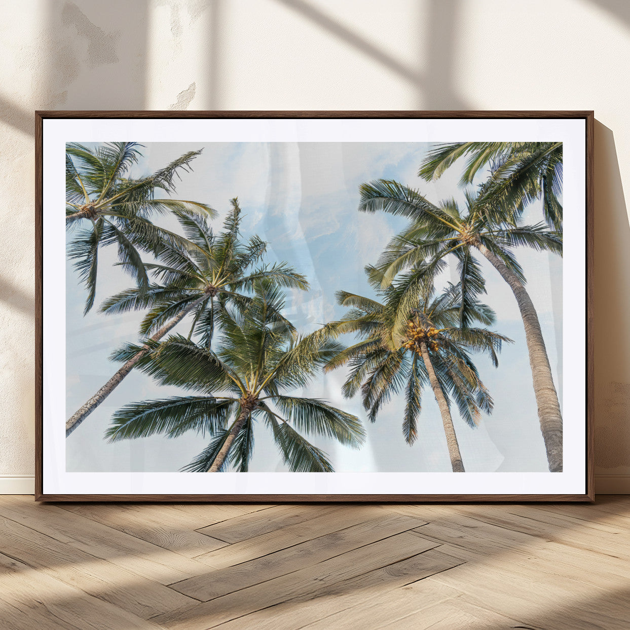 87247012-MGC-FP-36x24_Walnut-Skyward Palm Trees Wall Art Canvas Print, Framed Tropical Sky Art Picture Print, Coconut Palm Perfect Tropical Skyview Decor