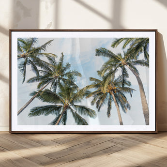 87247012-MGC-FP-36x24_Walnut-Skyward Palm Trees Wall Art Canvas Print, Framed Tropical Sky Art Picture Print, Coconut Palm Perfect Tropical Skyview Decor