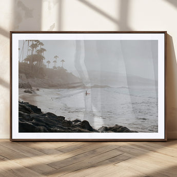 62501405-MGC-FP-36x24_Walnut-Misty Beach Wall Art Canvas Print, Framed California Surfer Art Picture Print, Coastal Cliff Perfect Coastal Beach Decor Artwork