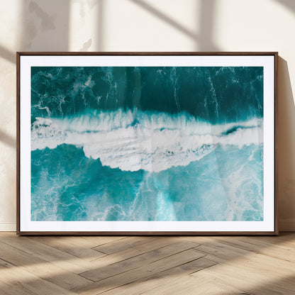 23828594-MGC-FP-36x24_Walnut-Aerial Waves Wall Art Canvas Print, Framed Ocean Break Art Picture Print, Sea Foam Perfect Tropical Coastal Decor Artwork