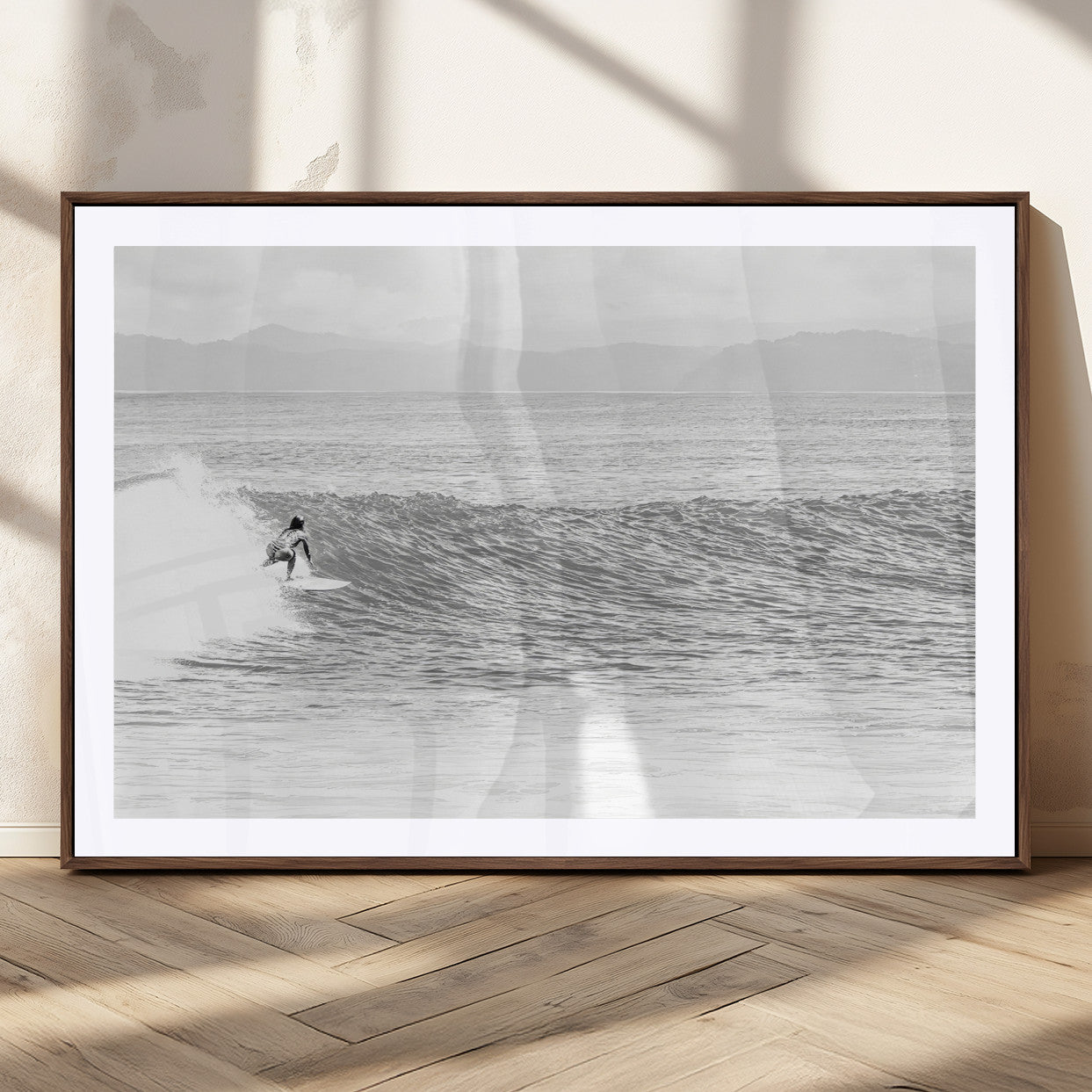 81535128-MGC-FP-36x24_Walnut-Surfer Woman Wall Art Canvas Print, Framed Black Ocean Art Picture Print, Ocean Surfing Perfect Monochrome Coastal Decor Artwork