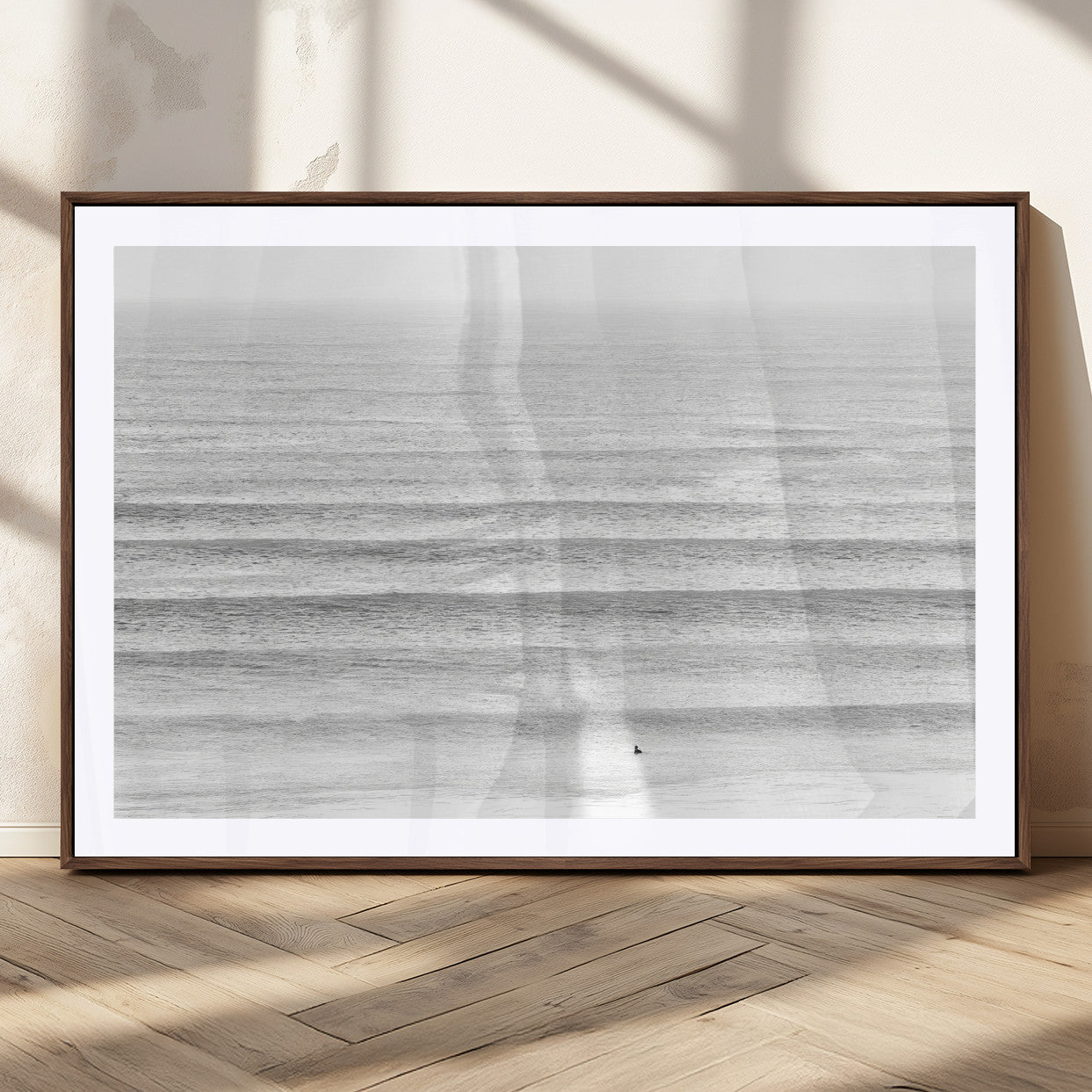 66534476-MGC-FP-36x24_Walnut-Lone Surfer Wall Art Canvas Print, Framed Ocean Waves Art Picture Print, Minimal Sea Perfect Minimal Coastal Decor Artwork
