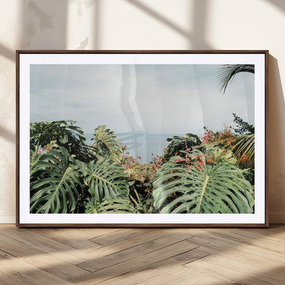 45700479-MGC-FP-36x24_Walnut-Monstera Leaves Wall Art Canvas Print, Framed Tropical Ocean Art Picture Print, Tropical Foliage Perfect Tropical Coastal Jungle