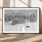 68081143-MGC-FP-36x24_Walnut-Snowy Bison Wall Art Canvas Print, Framed Winter Forest Art Picture Print, Lone Bison Perfect Monochrome Winter Wild Decor Artwork