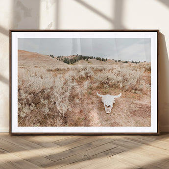 97234735-MGC-FP-36x24_Walnut-Rustic Bones Wall Art Canvas Print, Framed Desert Sage Art Picture Print, Prairie Skull Perfect Minimal Rustic Decor Artwork