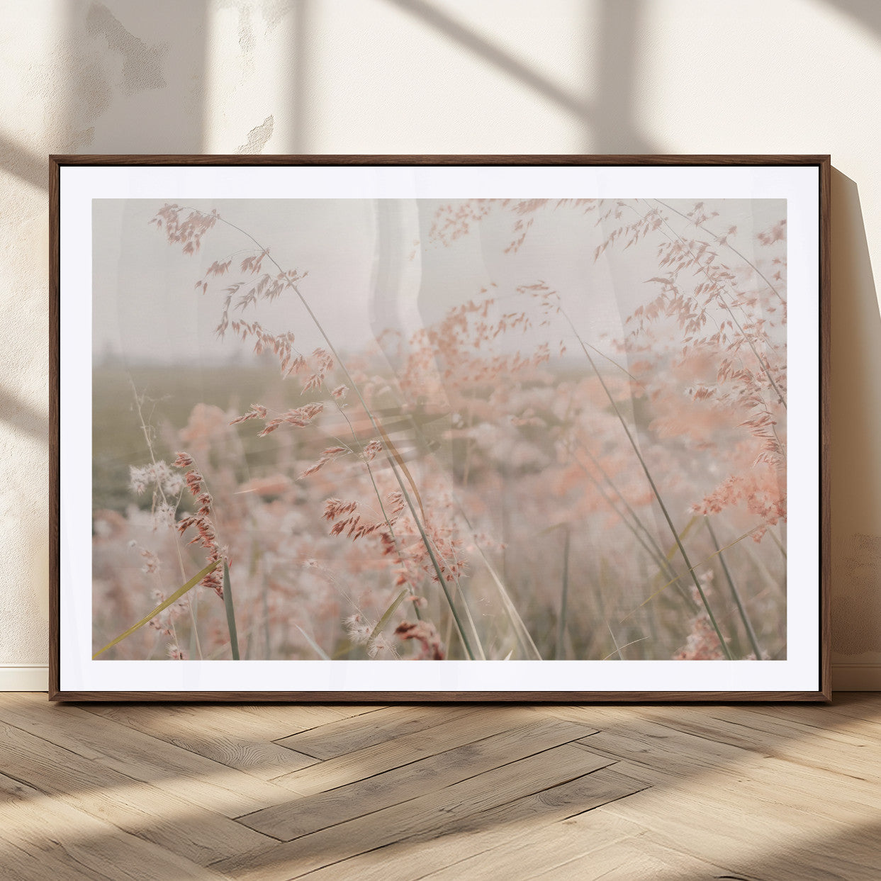 79164340-MGC-FP-36x24_Walnut-Pastel Grasses Wall Art Canvas Print, Framed Soft Meadow Art Picture Print, Field in Breeze Perfect Pastel Minimal Decor Artwork
