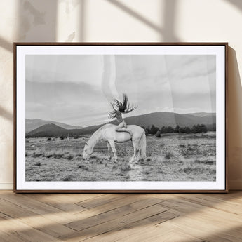 62789800-MGC-FP-36x24_Walnut-White Horse Wall Art Canvas Print, Framed Woman Rider Art Picture Print, Equestrian Pose Perfect Western Boho Decor Artwork