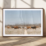 16563092-MGC-FP-36x24_Walnut-Texas Longhorns Wall Art Canvas Print, Framed Western Cattles Art Picture Print, Rustic Herd Perfect Rustic Farmhouse Decor