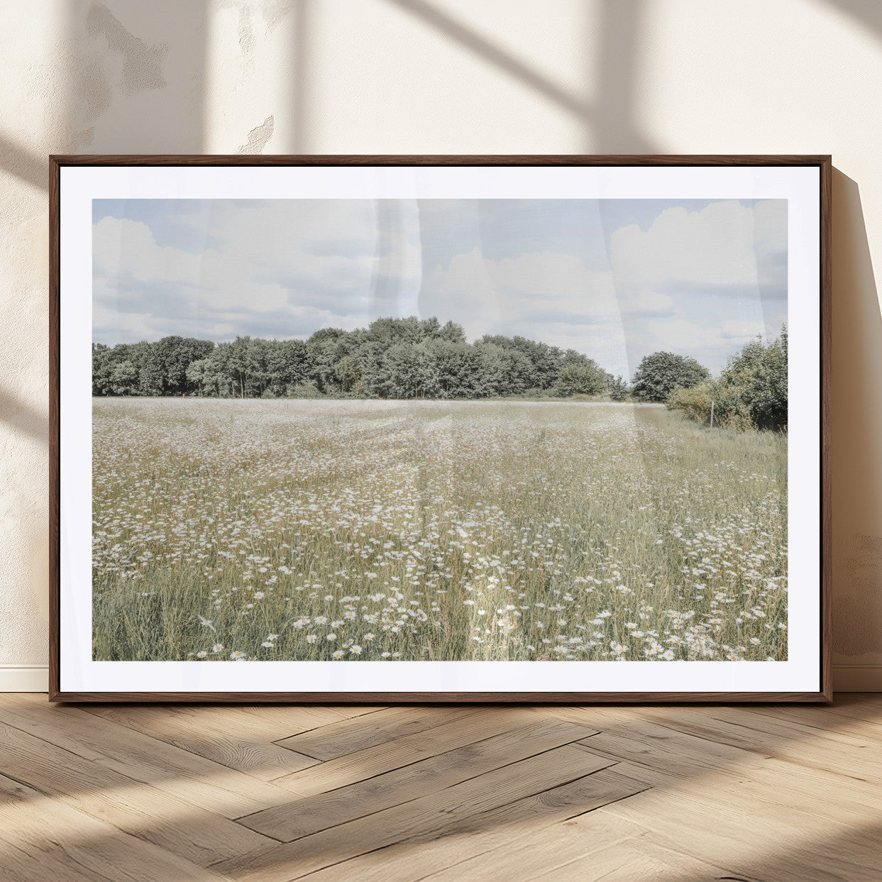 43258946-MGC-FP-36x24_Walnut-Daisy Field Wall Art Canvas Print, Framed Pastel Flower Art Picture Print, Meadow Bloom Perfect Scandinavian Minimalist Decor