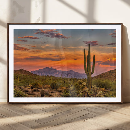 25332783-MGC-FP-36x24_Walnut-Saguaro Cactus Wall Art Canvas Print, Framed Arizona Sunset Art Picture Print, Sonoran Desert Perfect Southwestern Boho Decor