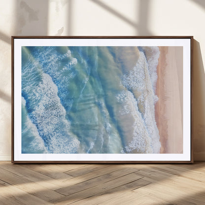 17641845-MGC-FP-36x24_Walnut-Aerial Ocean Wall Art Canvas Print, Framed Blue Waves Art Picture Print, Sandy Shoreline Perfect Modern Coastal Decor Artwork