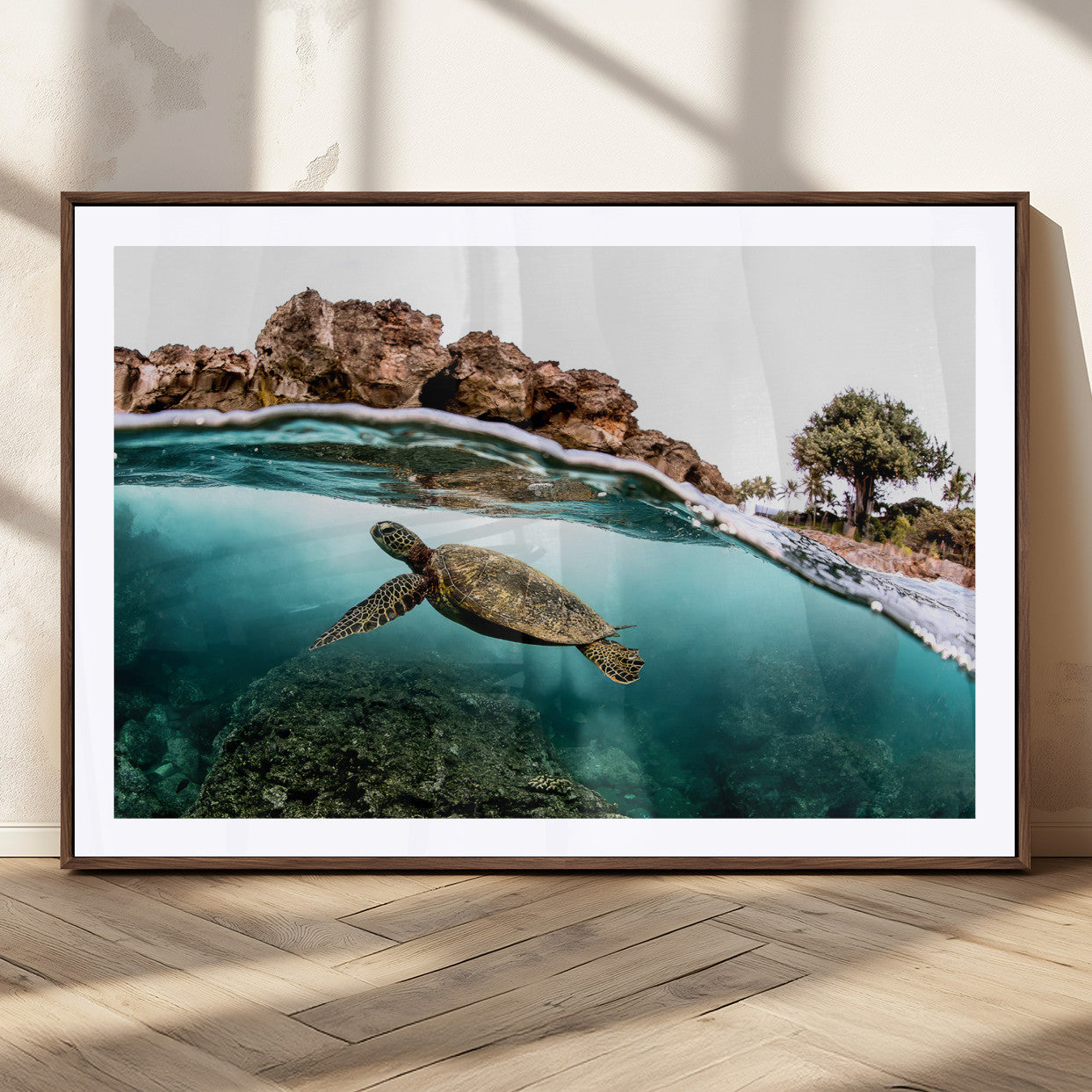 44200301-MGC-FP-36x24_Walnut-Sea Turtle Swim Wall Art Canvas Print, Framed Ocean Life Art Picture Print, Tropical Shoreline Perfect Tropical Coastal Decor