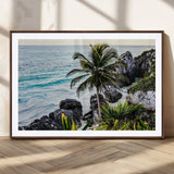 94669907-MGC-FP-36x24_Walnut-Tropical Coastline Wall Art Canvas Print, Framed Palm Tree Art Picture Print, Rocky Beach Perfect Tropical Coastal Decor Artwork