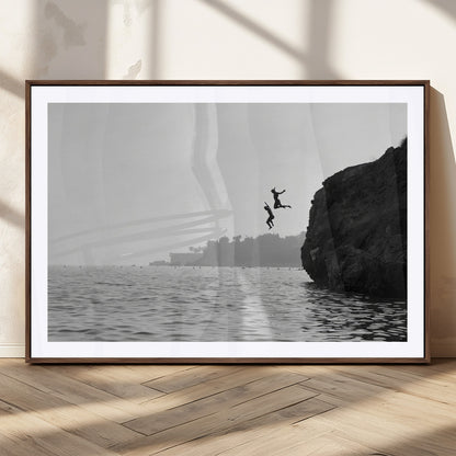 52284302-MGC-FP-36x24_Walnut-Cliff Jumping Wall Art Canvas Print, Framed Ocean Adventure Art Picture Print, Black White Coast Perfect Modern Coastal Decor