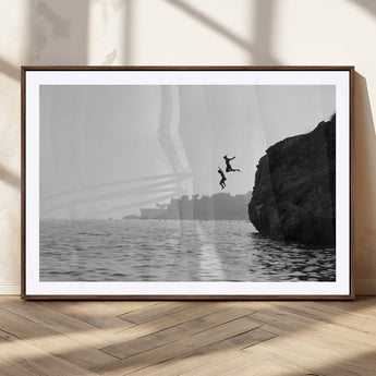 52284302-MGC-FP-36x24_Walnut-Cliff Jumping Wall Art Canvas Print, Framed Ocean Adventure Art Picture Print, Black White Coast Perfect Modern Coastal Decor