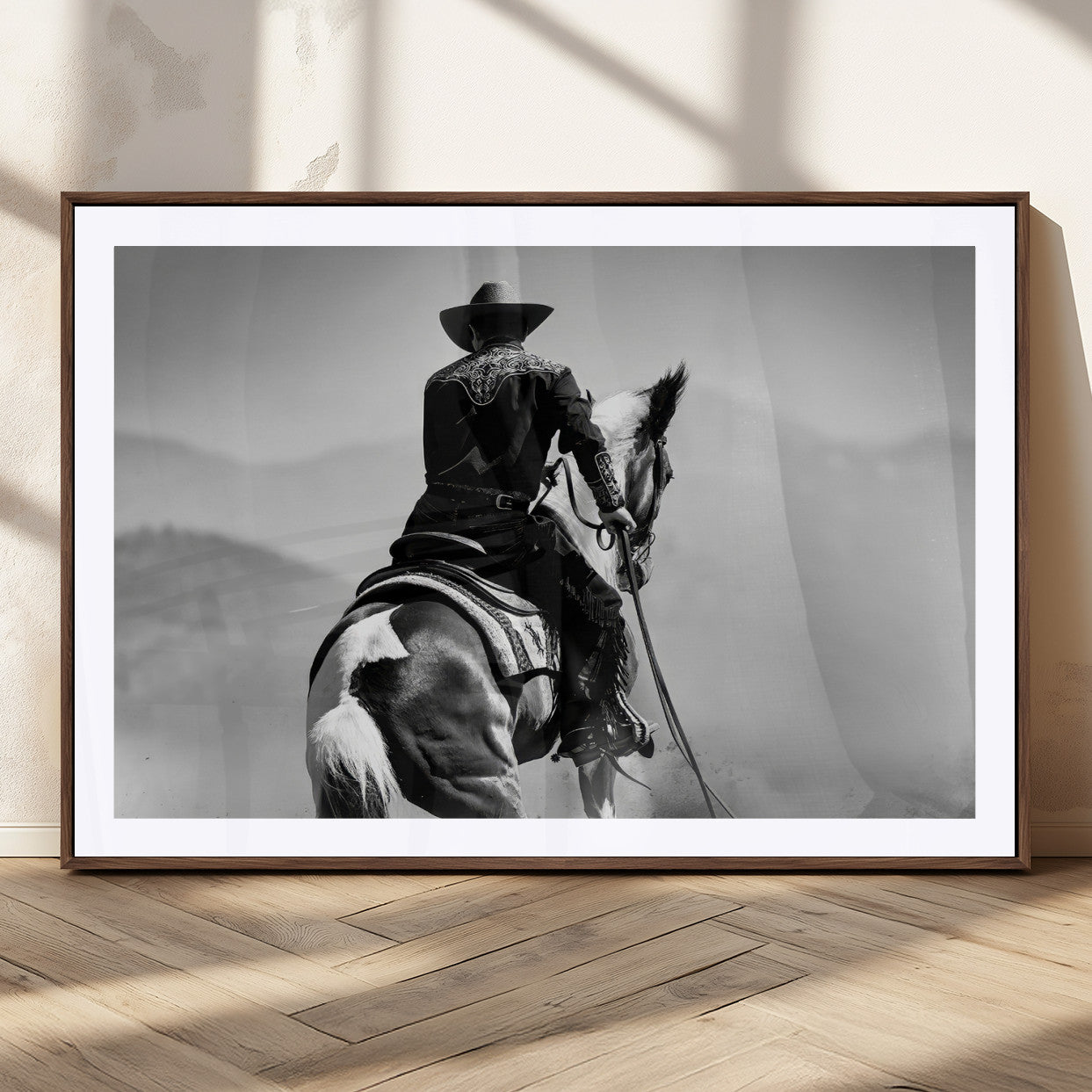 83102464-MGC-FP-36x24_Walnut-Western Cowboy Wall Art Canvas Print, Framed Monochrome Horse Art Picture Print, Western Equestrian Perfect Rustic Western Decor