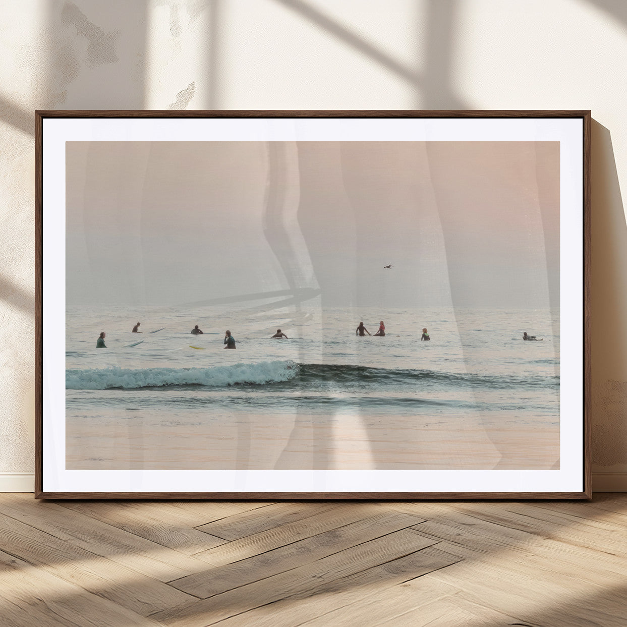 98888919-MGC-FP-36x24_Walnut-Pastel Ocean Wall Art Canvas Print, Framed Soft Sunset Swimming Art Picture Print, Calm Sea Horizon Perfect Soft Coastal