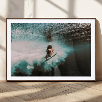 85923512-MGC-FP-36x24_Walnut-Aquatic Motion Wall Art Canvas Print, Framed Underwater Swimming Art Picture Print, Female Surfer Diving Perfect Coastal Boho