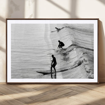 19875284-MGC-FP-36x24_Walnut-Surfer Waves Wall Art Canvas Print, Framed Black White Surf Art Picture Print, Monochrome Ocean Perfect Modern Coastal Decor