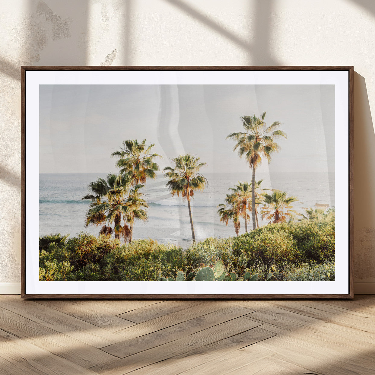 94707294-MGC-FP-36x24_Walnut-California Coast Wall Art Canvas Print, Framed Palm Trees Art Picture Print, Coastal Landscape Perfect Coastal Minimalist Decor