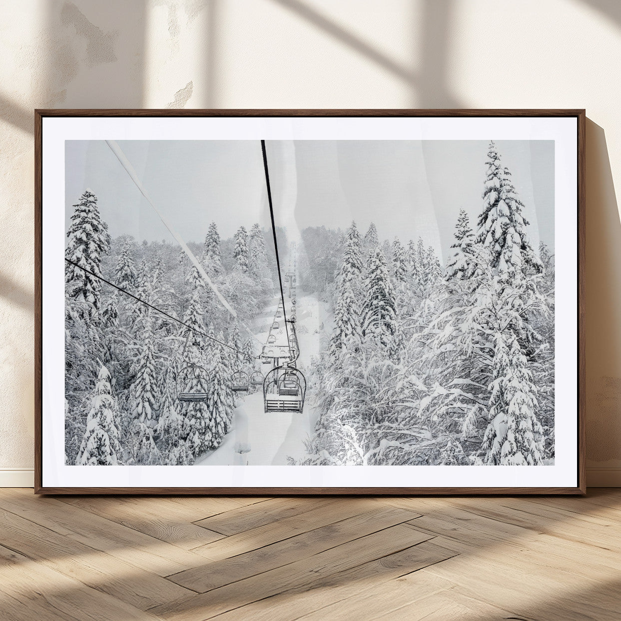 44705668-MGC-FP-36x24_Walnut-Winter Forest Wall Art Canvas Print, Framed Snowy Forest Art Picture Print, Ski Lift Perfect Scandinavian Decor Artwork