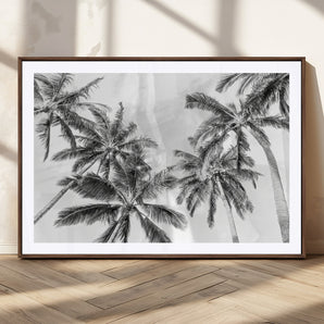 62113786-MGC-FP-36x24_Walnut-Black White Palm Wall Art Canvas Print, Framed Monochrome Tropics Art Picture Print, Minimalist Beach Perfect Coastal Minimalist
