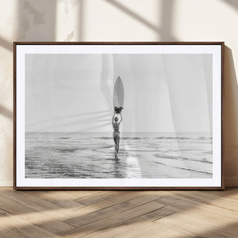 98446901-MGC-FP-36x24_Walnut-Monochrome Surf Wall Art Canvas Print, Framed Minimalist Surfer Art Picture Print, Surfboard Silhouette Perfect Coastal Minimalist