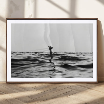 69541918-MGC-FP-36x24_Walnut-Black White Ocean Wall Art Canvas Print, Framed Moody Seascape Art Picture Print, Surfer Sign Perfect Moody Minimalist Decor