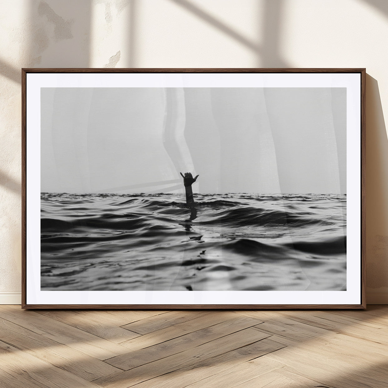 69541918-MGC-FP-36x24_Walnut-Black White Ocean Wall Art Canvas Print, Framed Moody Seascape Art Picture Print, Surfer Sign Perfect Moody Minimalist Decor