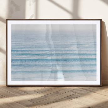 77145995-MGC-FP-36x24_Walnut-Ocean Simplicity Wall Art Canvas Print, Framed Surfer on Water Art Picture Print, Light Blue Perfect Coastal Minimalist Decor