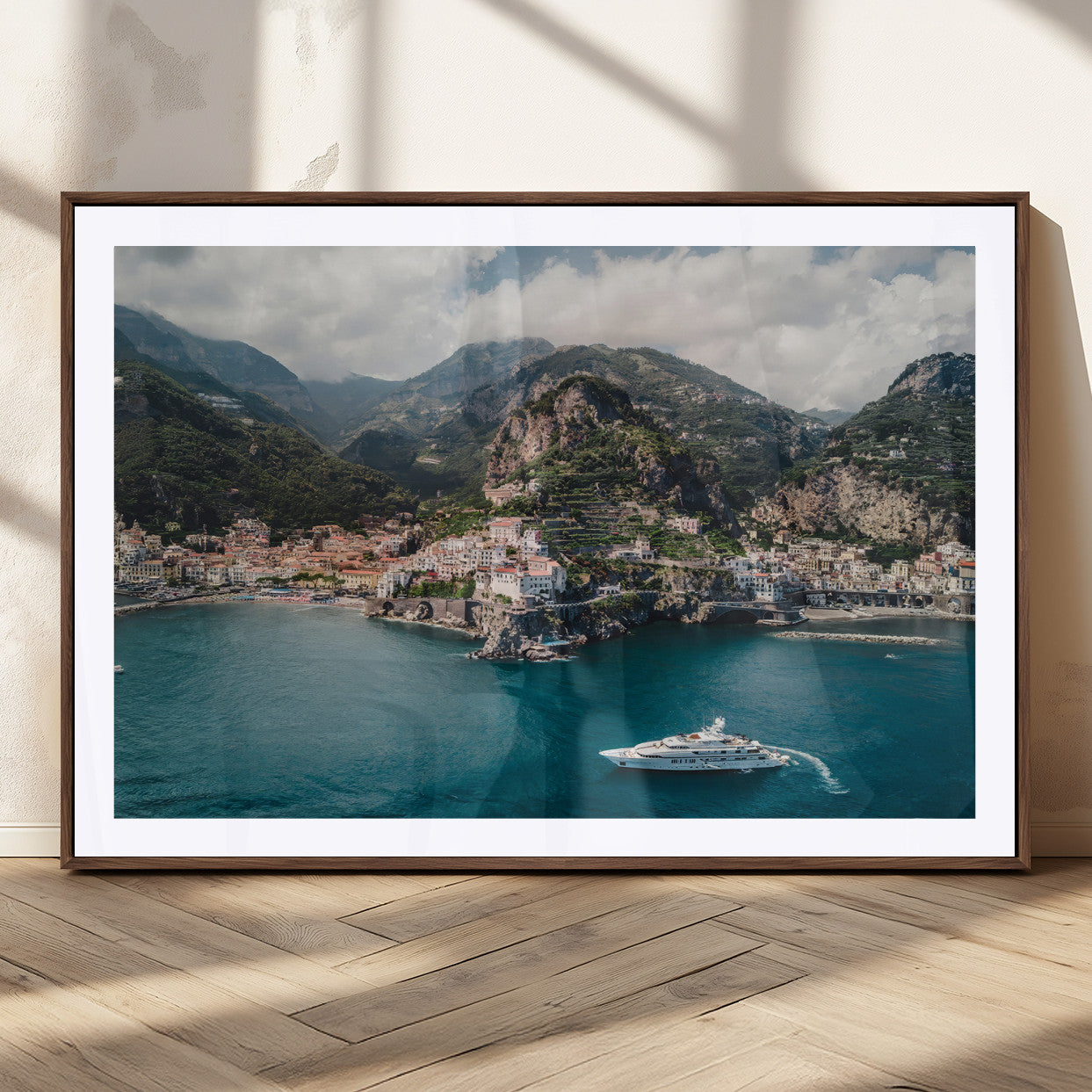 20321590-MGC-FP-36x24_Walnut-Amalfi Coast Wall Art Canvas Print, Framed Italy Travel Art Picture Print, Mediterranean Landscape Perfect Mediterranean Coastal