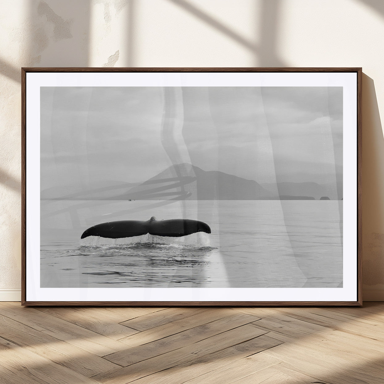 30524220-MGC-FP-36x24_Walnut-Whale Tail Wall Art Canvas Print, Framed Black White Ocean Art Picture Print, Calm Marine Perfect Minimalist Coastal Decor Artwork