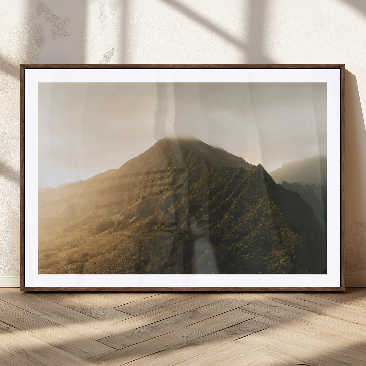 42338636-MGC-FP-36x24_Walnut-Golden Mountain Wall Art Canvas Print, Framed Misty Summit Art Picture Print, Rugged Landscape Perfect Moody Wilderness Decor