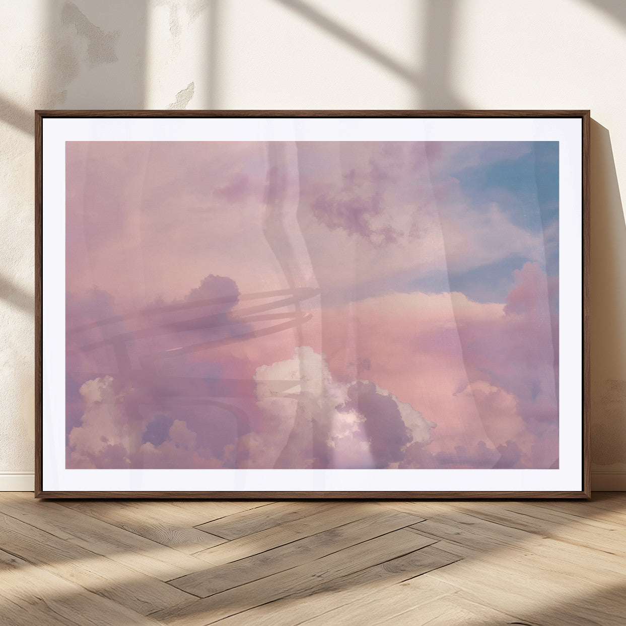 22874890-MGC-FP-36x24_Walnut-Pastel Sky Wall Art Canvas Print, Framed Dreamy Cloudscape Art Picture Print, Sunset Glow Perfect Minimalist Serenity Decor
