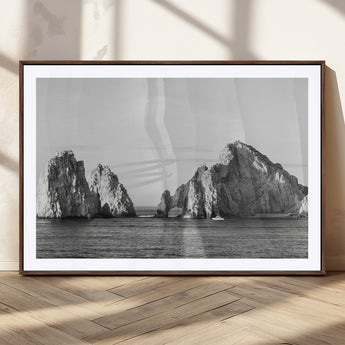 18810731-MGC-FP-36x24_Walnut-Rugged Coastline Wall Art Canvas Print, Framed Ocean Cliffs Art Picture Print, Monochrome Seascape Perfect Coastal Minimalist